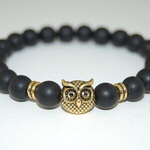 Owl Bracelet,Onyx Bracelet,Golden Owl Charm and Black Onyx Stone Beads